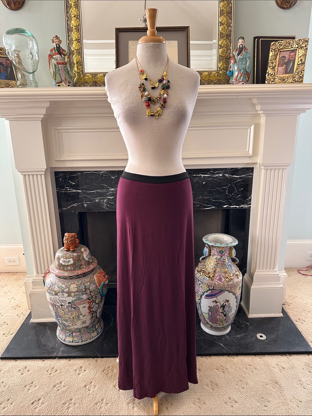 “Free People” Women's Burgundy Maxi Skirt with Black Waistband